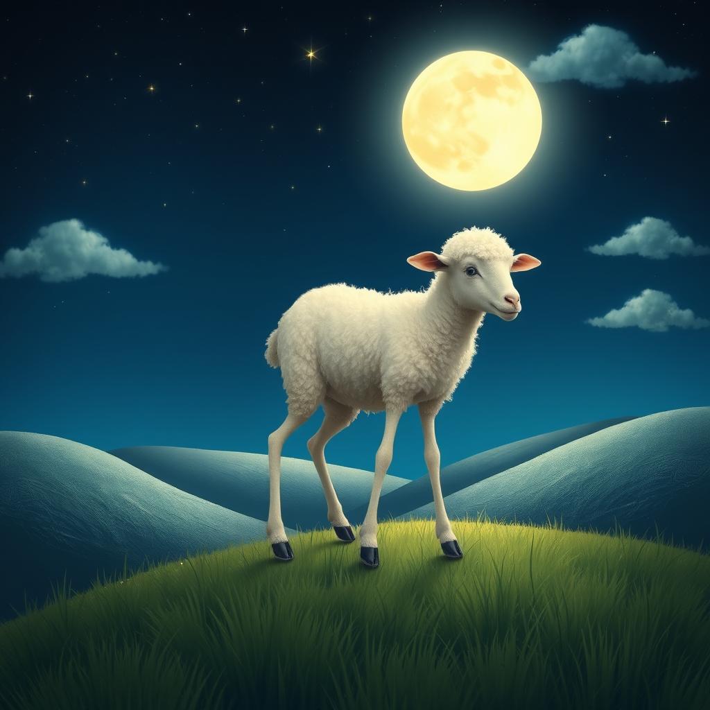 A whimsical, elongated-limbed lamb standing in a serene night landscape
