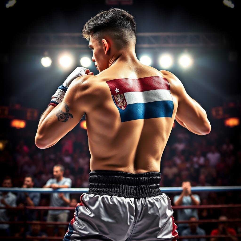 A powerful Muay Thai fighter in a dynamic fighting pose, showcasing muscular physique and intense focus