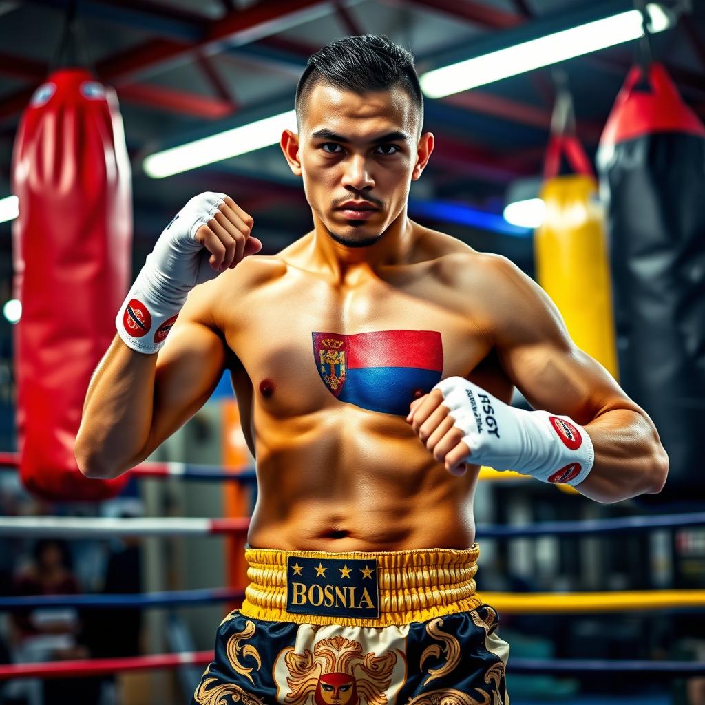 A formidable Muay Thai fighter in an impressive stance, displaying exceptional skill and focus