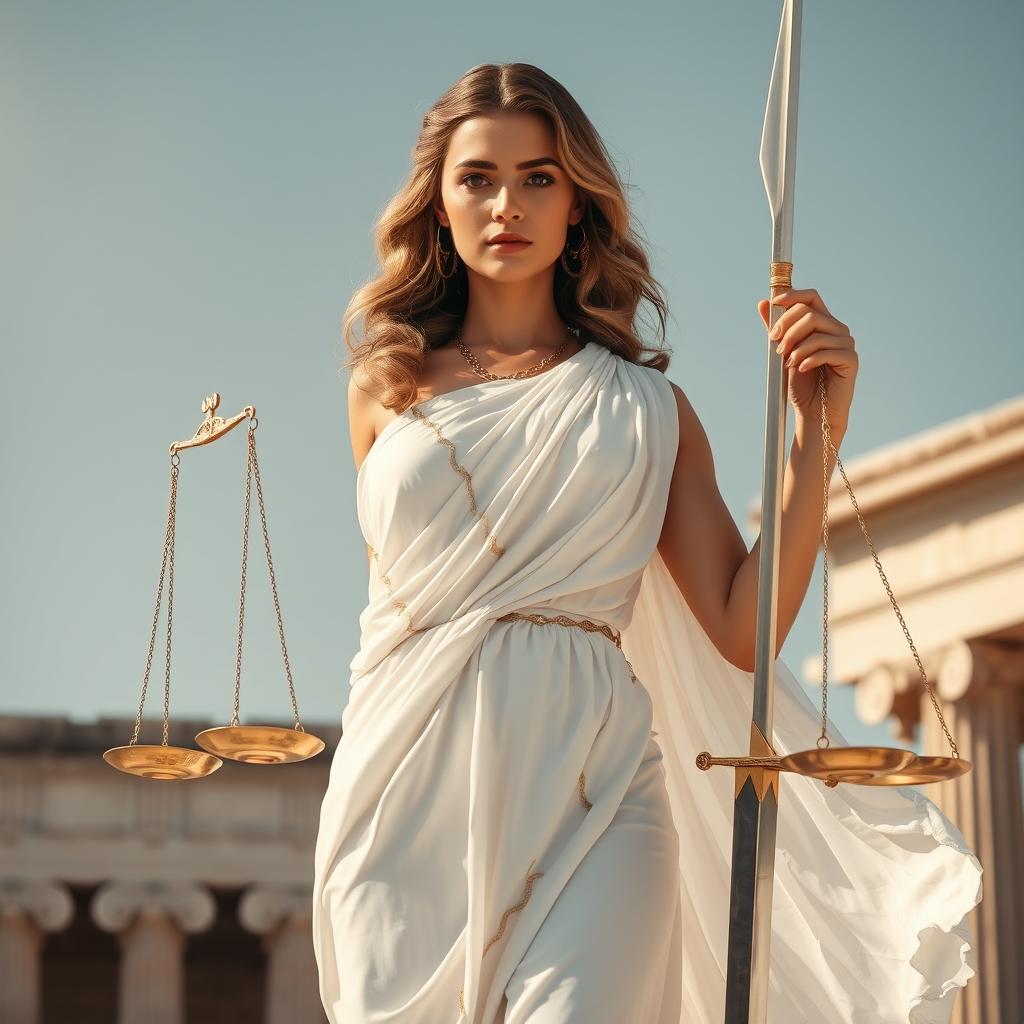 A 24-year-old woman elegantly dressed as the personification of Justice, adorned in a long white toga embellished with gold accents