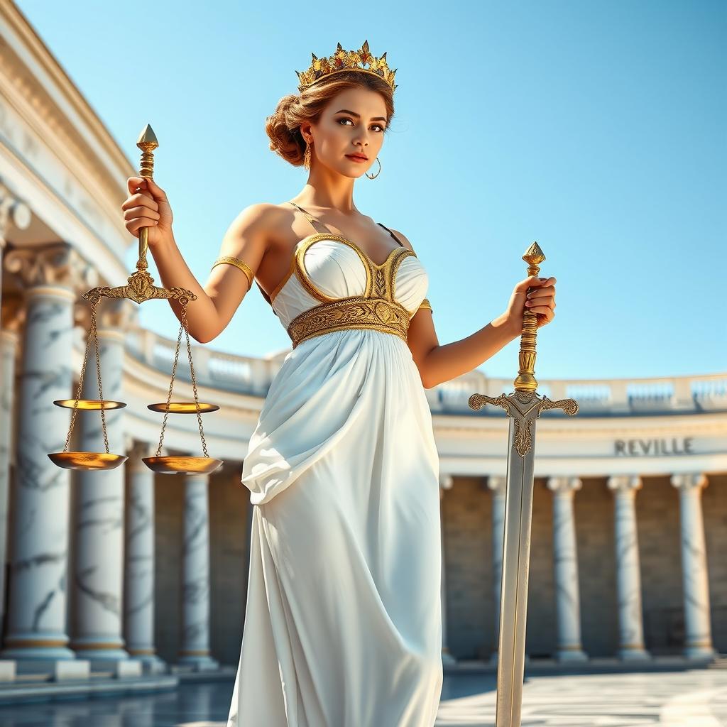 A 24-year-old woman dressed as Lady Justice, wearing a classic flowing white gown with intricate gold details