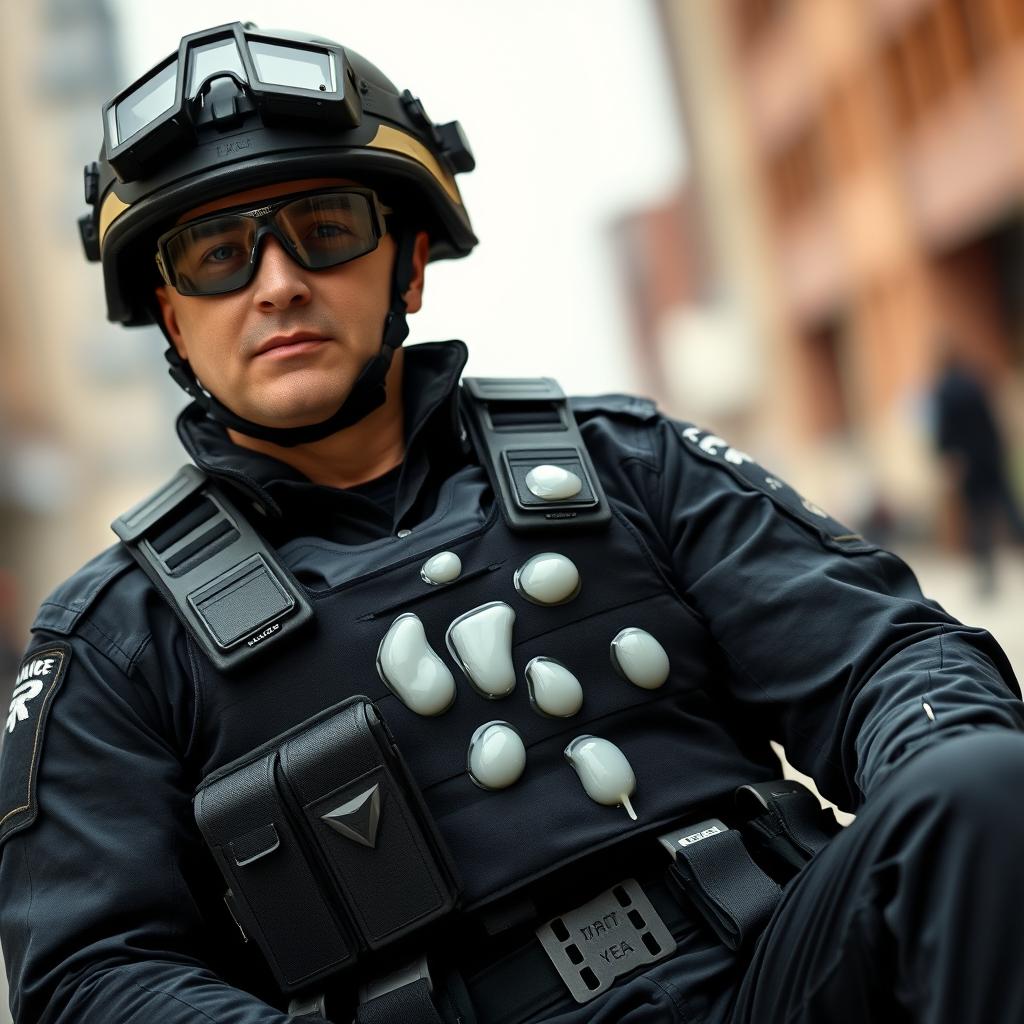 A policeman in full tactical gear, including a bulletproof vest, helmet, and a utility belt, is sitting in a relaxed pose