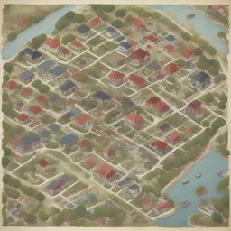 An intricate map featuring a variety of homes with different architectural styles, distributed across diverse landscapes.
