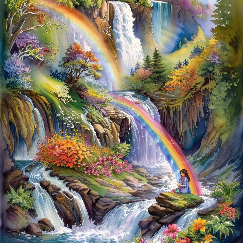 Rainbow over a waterfall in watercolor for a children's book