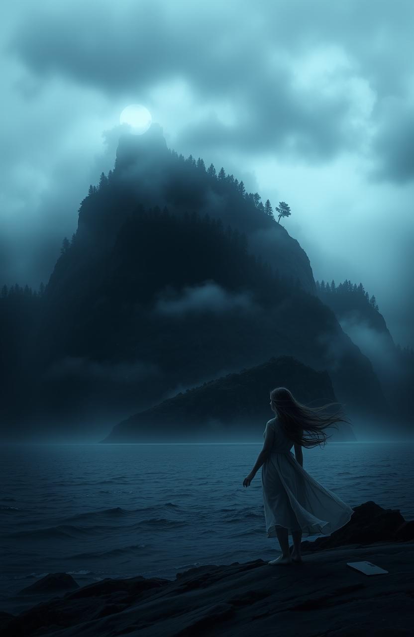 A dark and mysterious island shrouded in mist, seen from a distance
