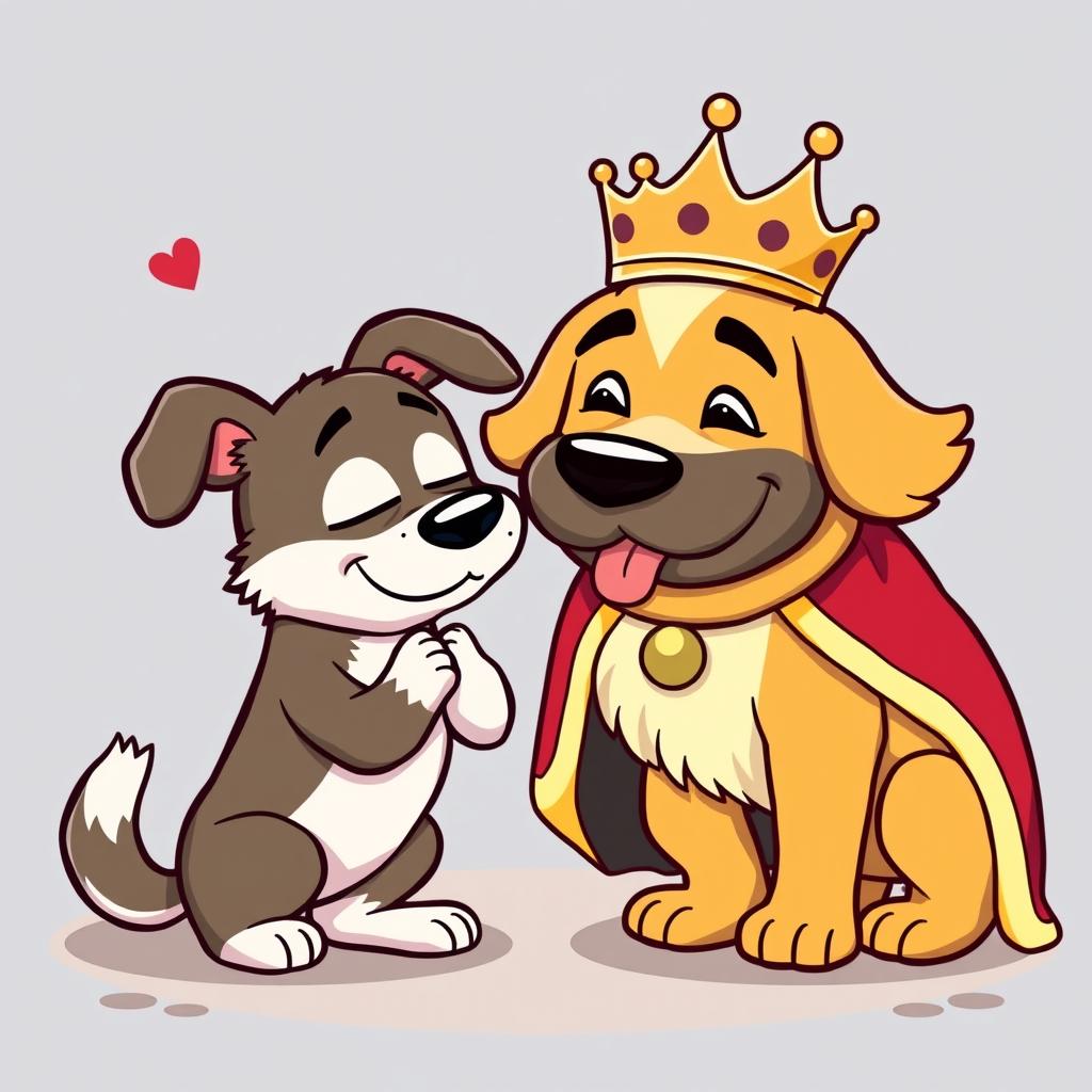 A cartoon dog bowing to the Dog King, exhibiting playful and humorous meme vibes