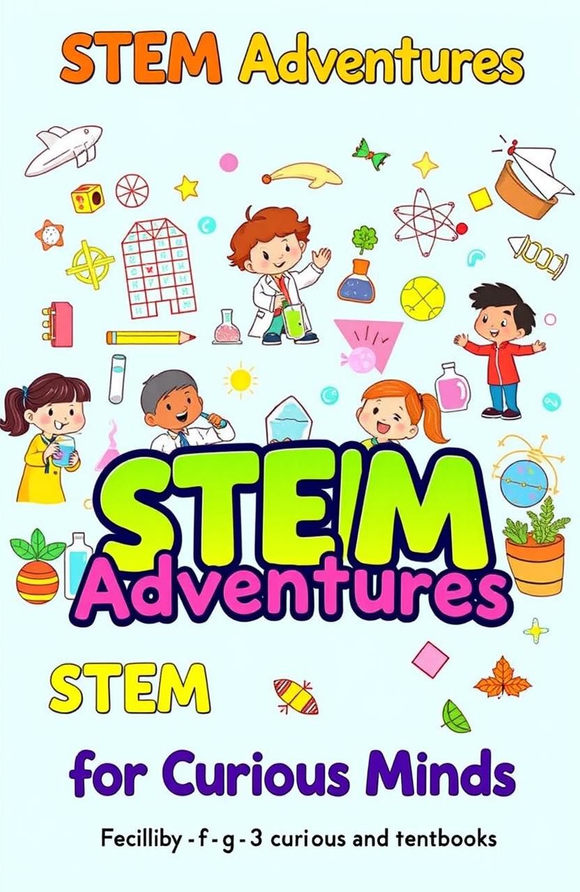 A colorful and engaging STEM textbook designed for primary school students, showcasing interactive lessons in science, technology, engineering, and mathematics