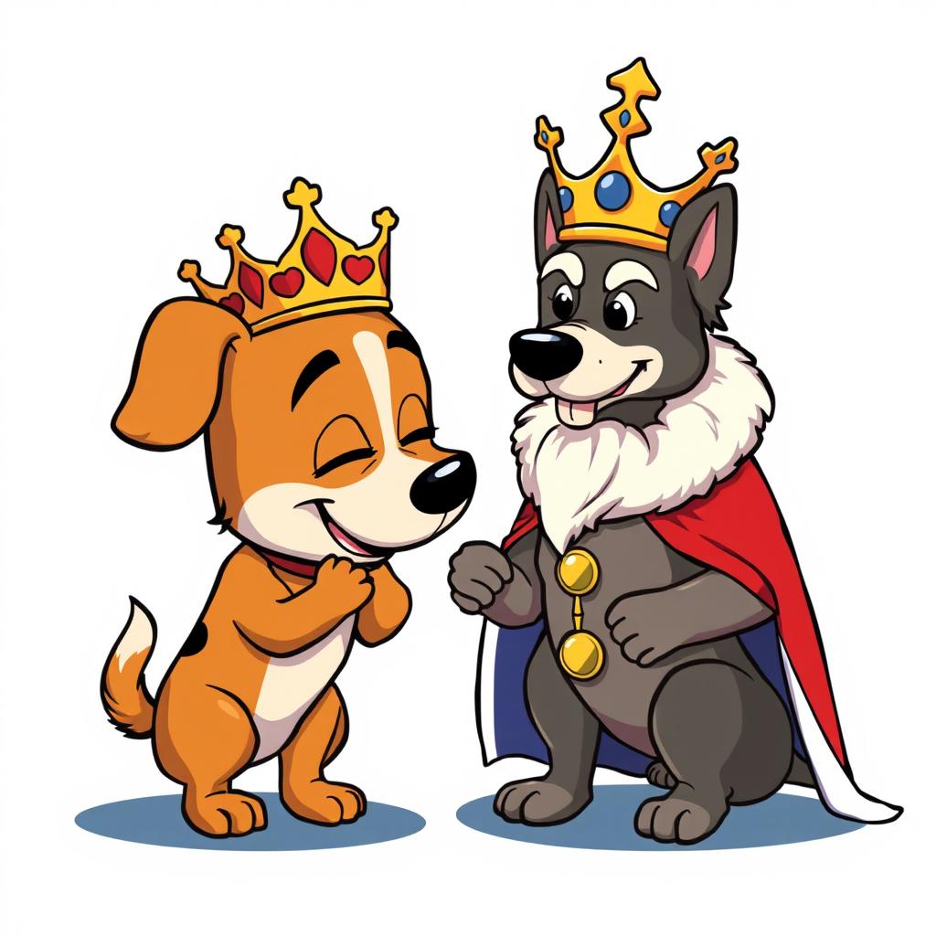 A cartoonish dog character, with exaggerated features and a playful expression, bowing reverently to a regal Dog King, who is adorned with a majestic crown and a royal cape