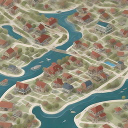 An intricate map featuring a variety of homes with different architectural styles, distributed across diverse landscapes.