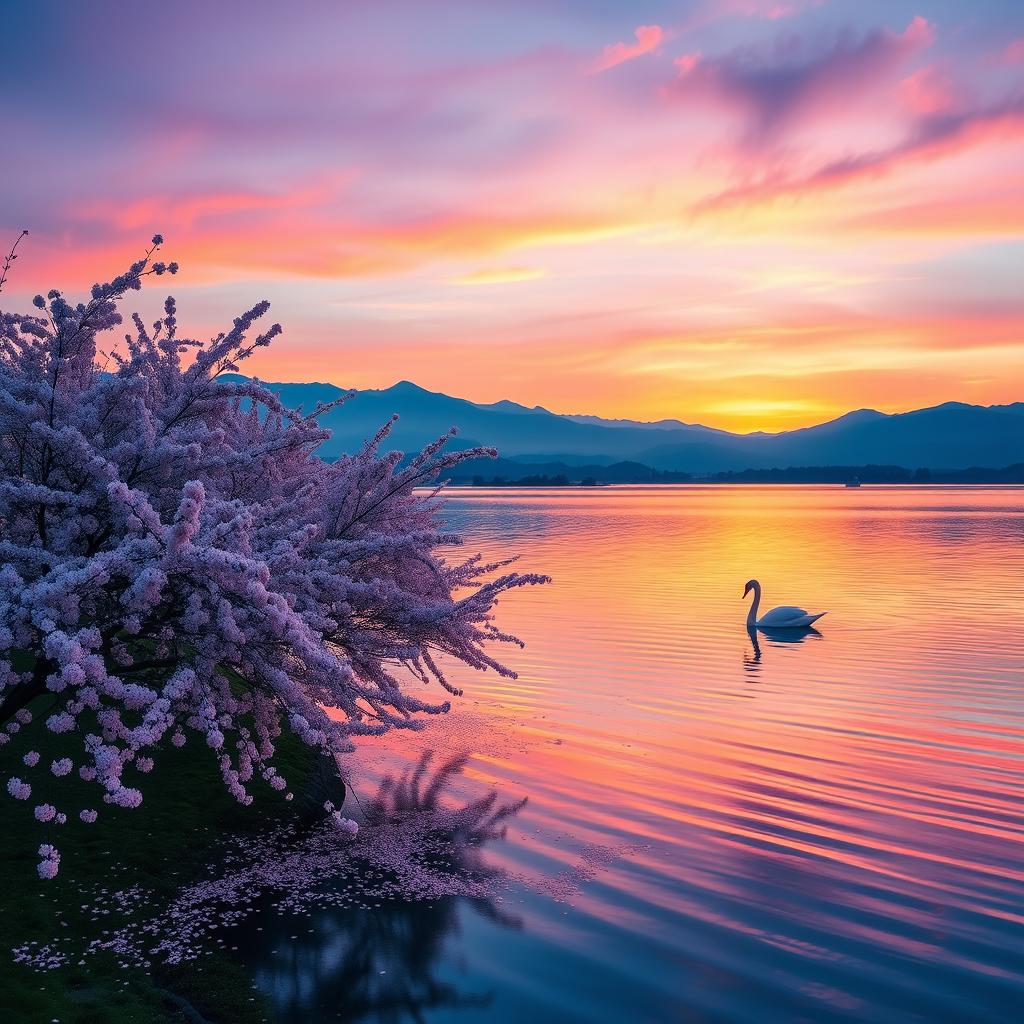 A serene landscape at sunrise featuring a tranquil lake reflecting the vibrant colors of the sky