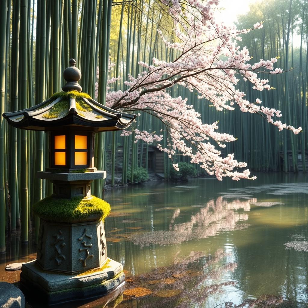 A serene Japanese landscape featuring a tranquil bamboo forest with gentle sunlight filtering through the tall bamboo stalks, casting soft shadows on a clear, reflective pond