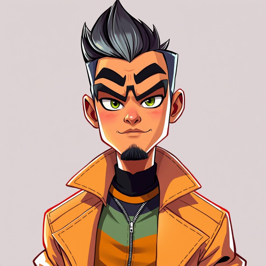 A character design featuring a stylish individual with sharp features, dressed in vibrant clothing
