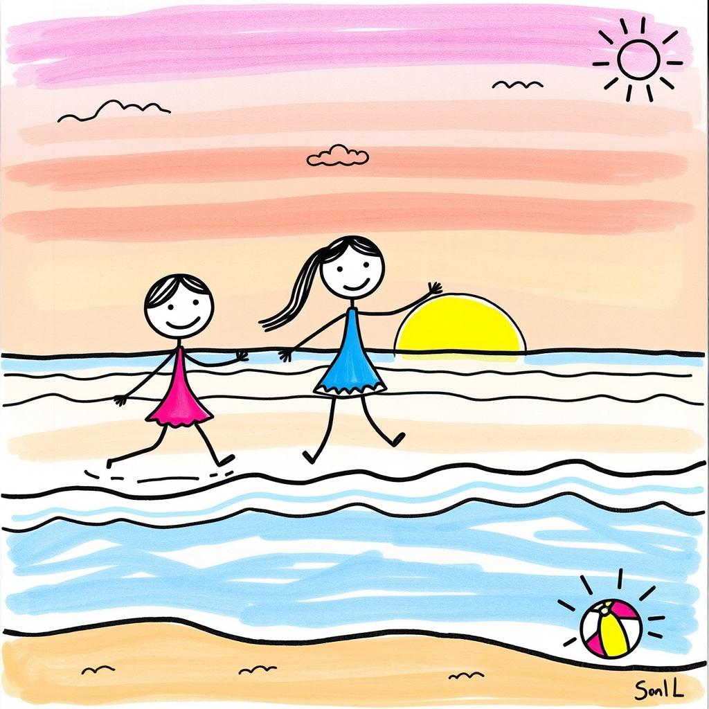 A simple and charming illustration of three stick figure girls playing on the beach during twilight, drawn in a style reminiscent of grade 1 school art