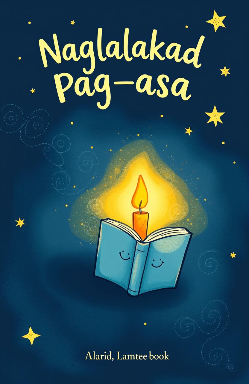 A whimsical doodle-style book cover for a title "Naglalakad na Pag-asa" featuring an illustrated book holding a glowing candle, casting a warm, soft light that illuminates the surrounding darkness