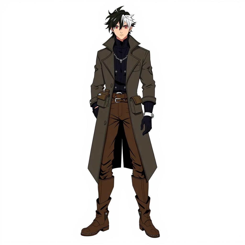 A character wearing a long, dark trench coat with a high collar, over a black shirt