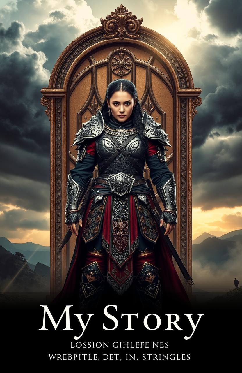 A powerful and proud depiction of a warrior woman standing bravely in front of a symbolic door representing her struggles and determination
