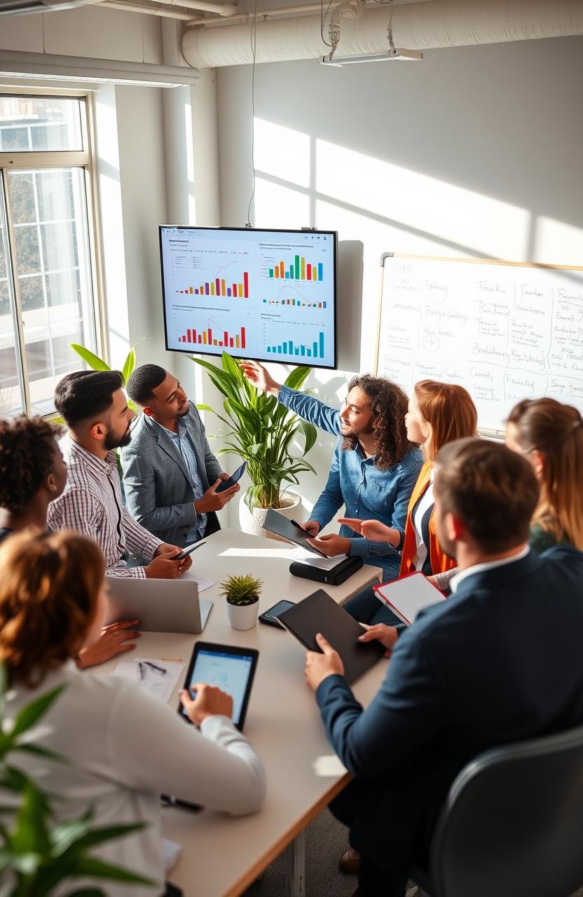 A vibrant and engaging marketing research scene showing a diverse group of professionals analyzing data and strategies in a modern office environment