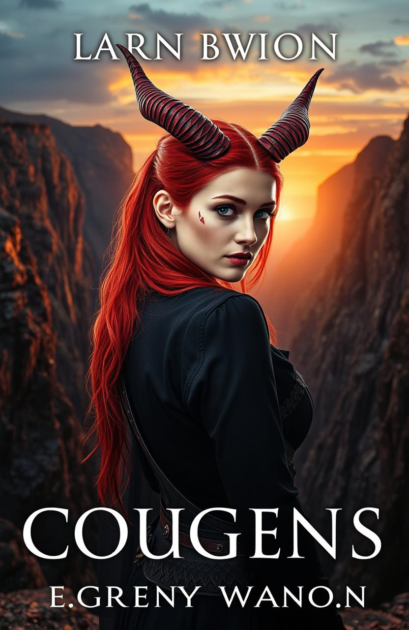 A book cover featuring a medium shot of a woman with vibrant red hair and elegant horns