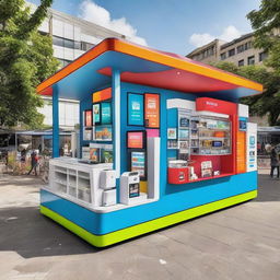 A vibrant mobile services shop situated in a bustling square shaped area, complete with customers and a variety of tech gadgets on display.