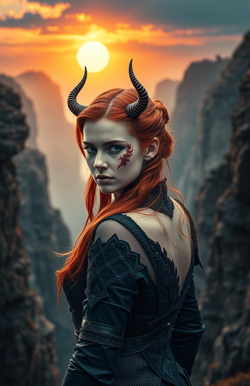 A captivating book cover featuring a medium shot of a woman with striking red hair and elegantly placed horns