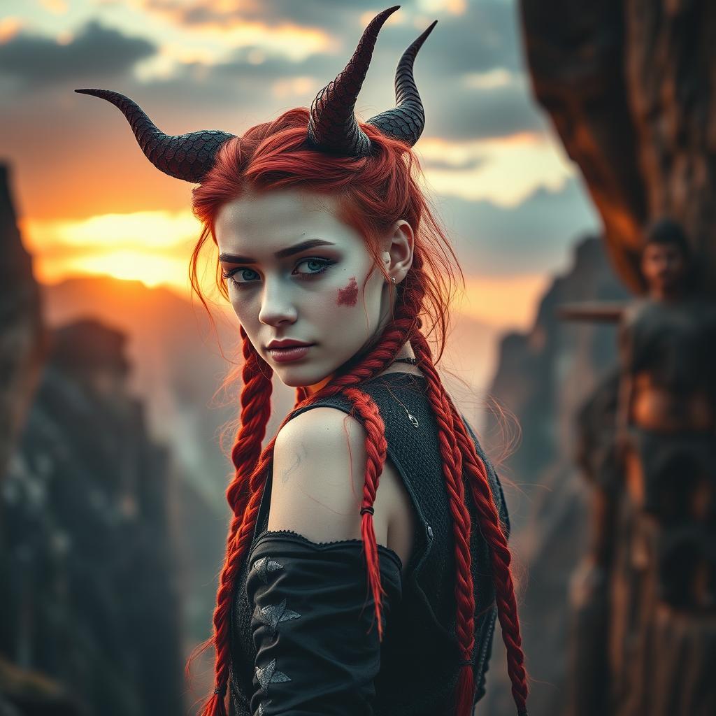 A visually striking book cover featuring a medium shot of a woman with vibrant red hair intricately braided into many thin braids, complemented by dragon-like horns