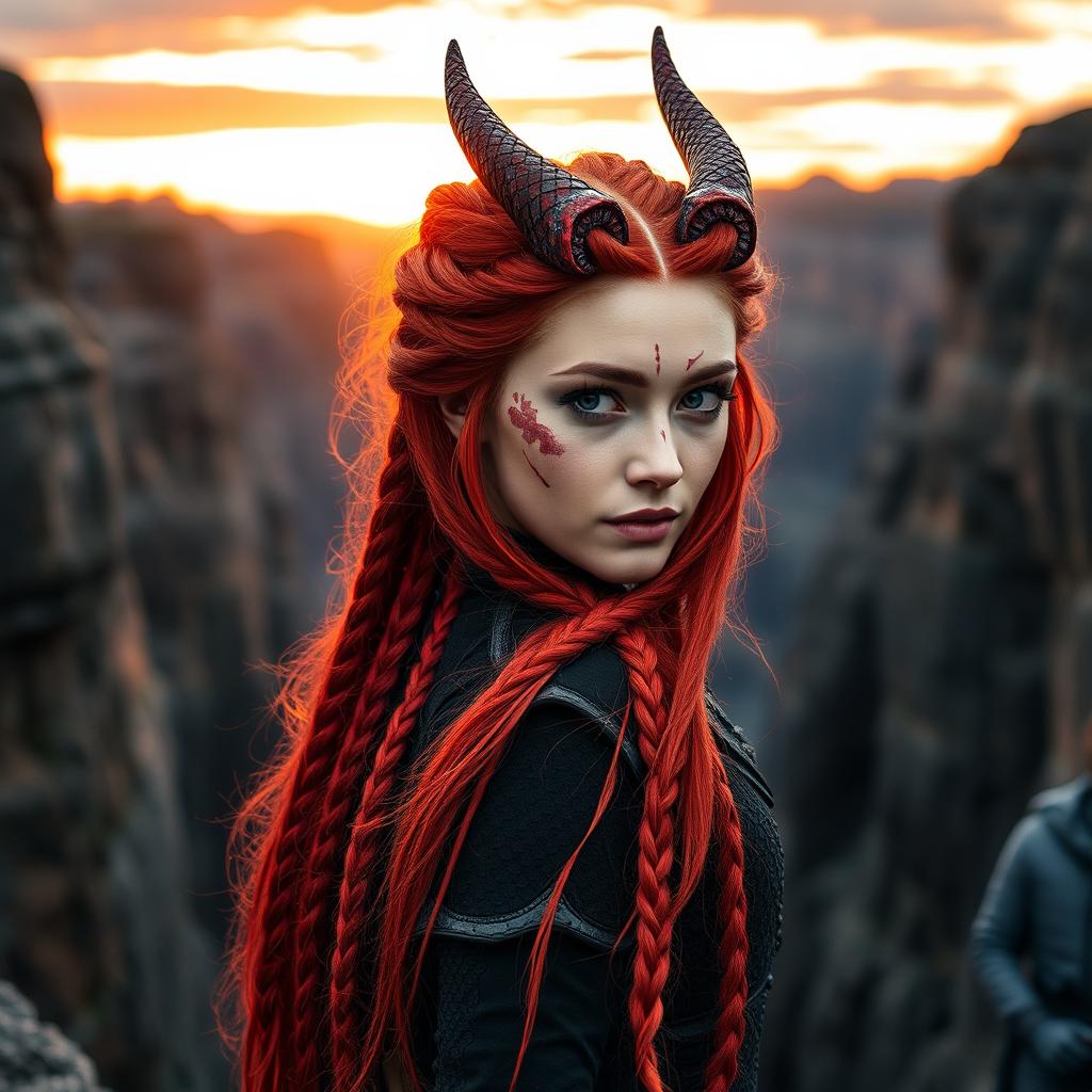 A striking book cover featuring a medium shot of a woman with vibrant red hair intricately braided into many thin braids, accompanied by dragon-like horns