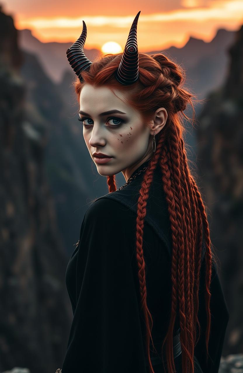 A medium shot of a woman with red hair styled into many thin braids and dragon horns
