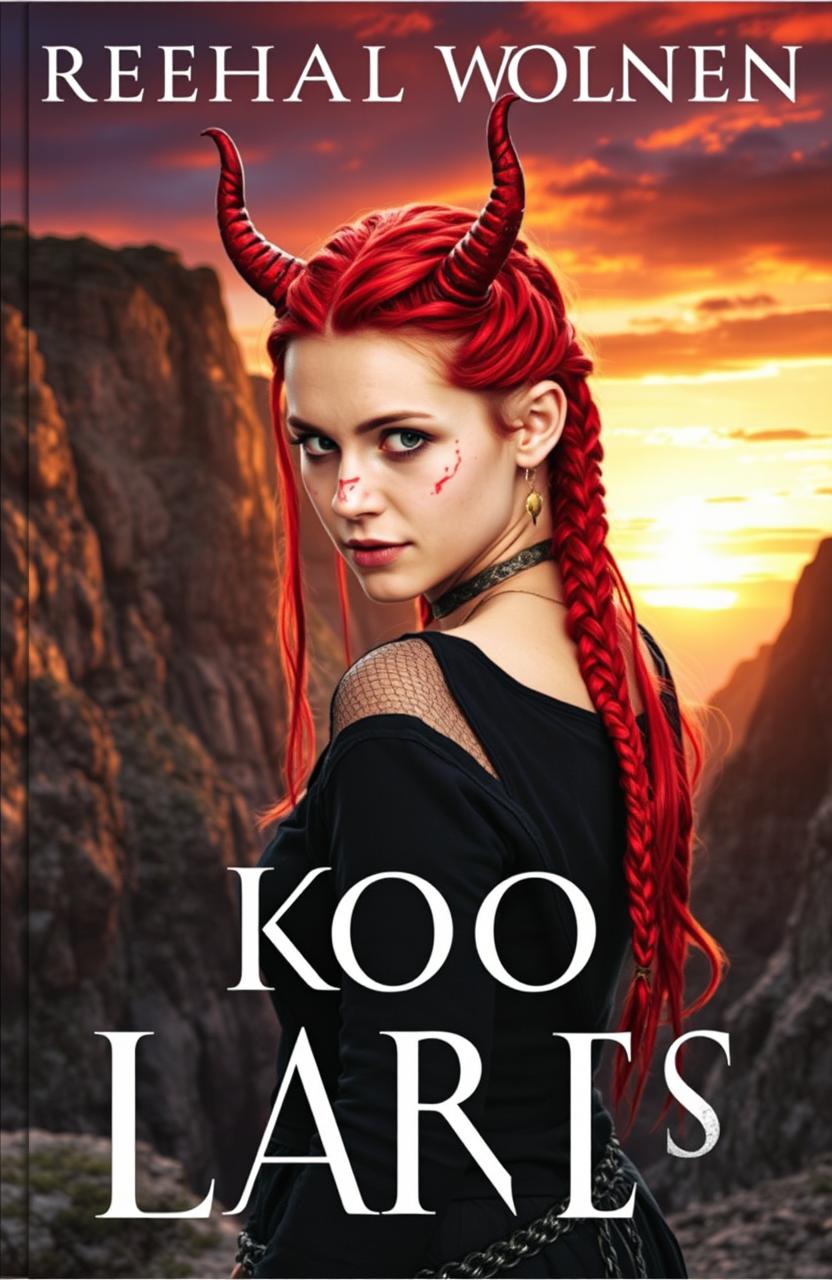A book cover featuring a medium shot of a woman with vibrant red hair styled into many thin braids, adorned with dragon horns