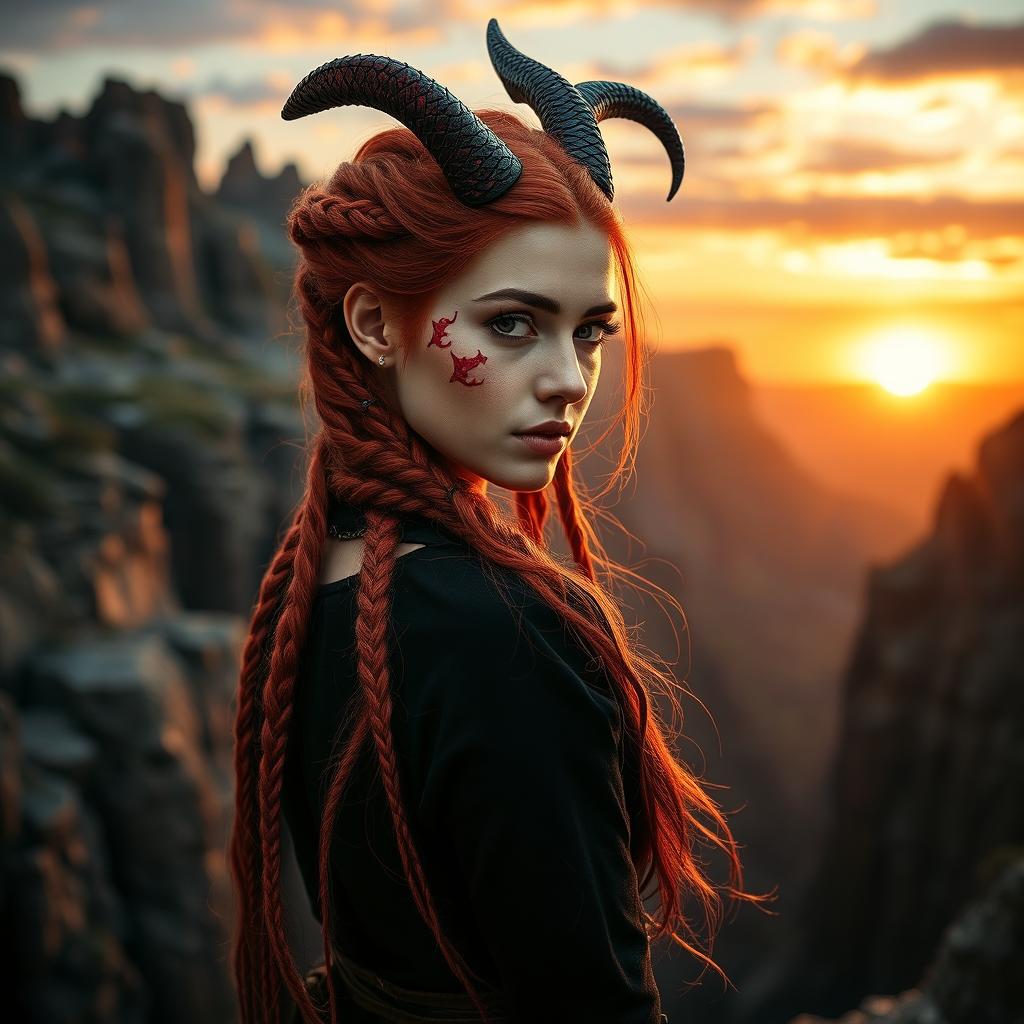 A book cover featuring a medium shot of a woman with vibrant red hair styled into many thin braids, adorned with dragon horns