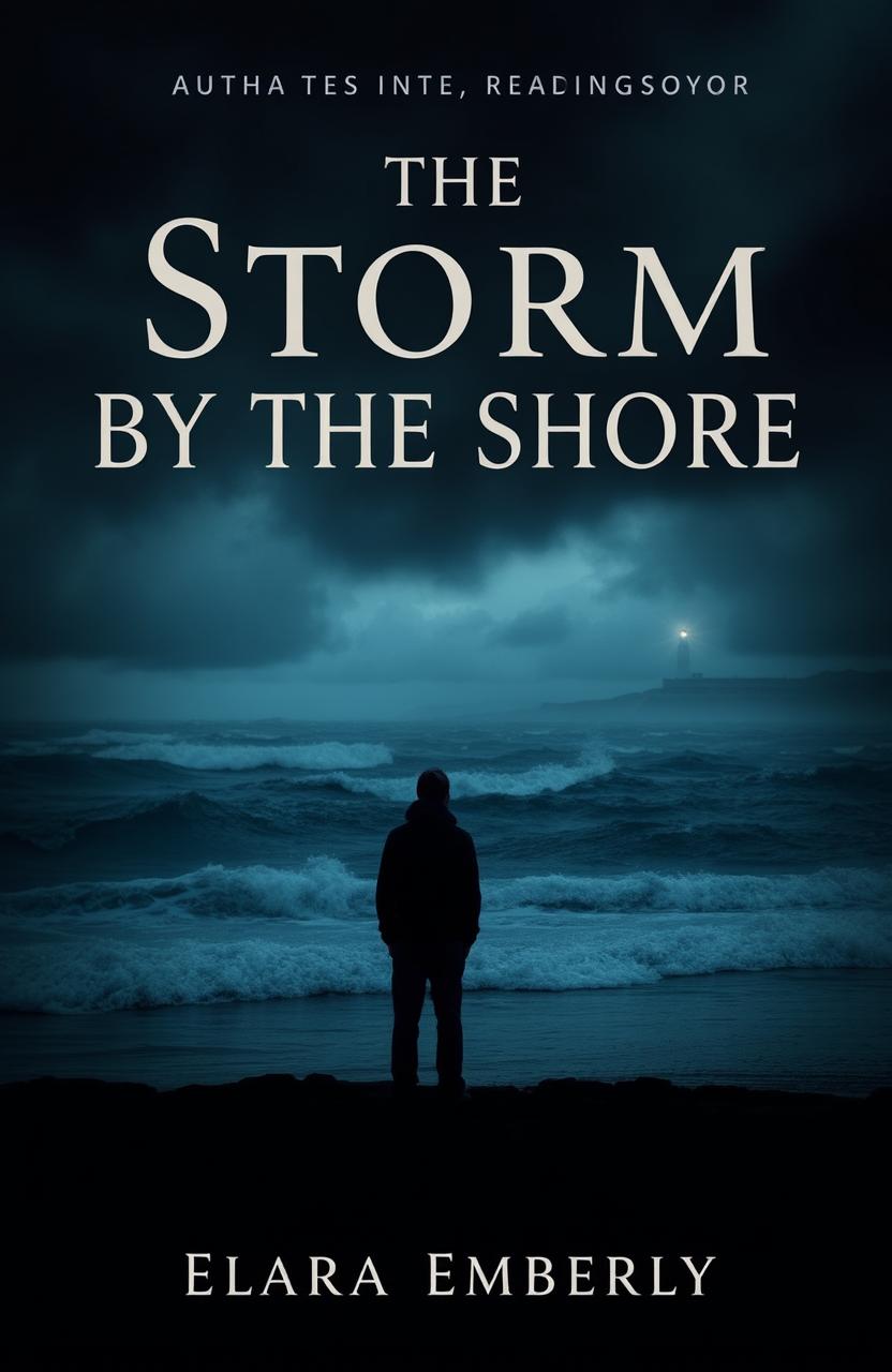 A moody and atmospheric young adult book cover titled "The Storm by the Shore" by Elara Emberly
