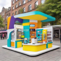 A vibrant mobile services shop situated in a bustling square shaped area, complete with customers and a variety of tech gadgets on display.