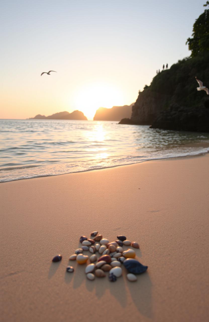 A serene coastal landscape at sunrise, featuring soft golden light spilling over calm blue waters