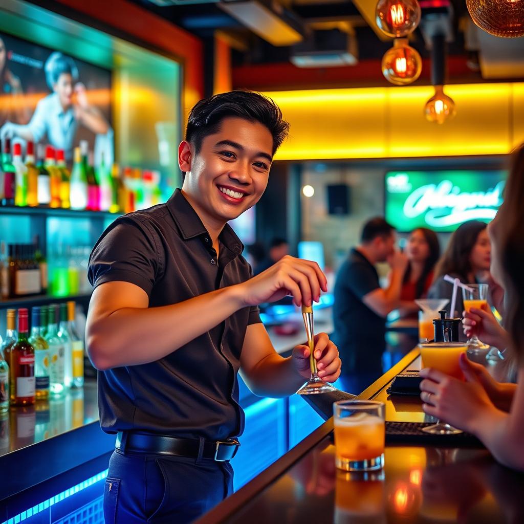 A Filipino bartender in a trendy bar environment, wearing a stylish short-sleeve shirt and tailored pants, skillfully mixing drinks