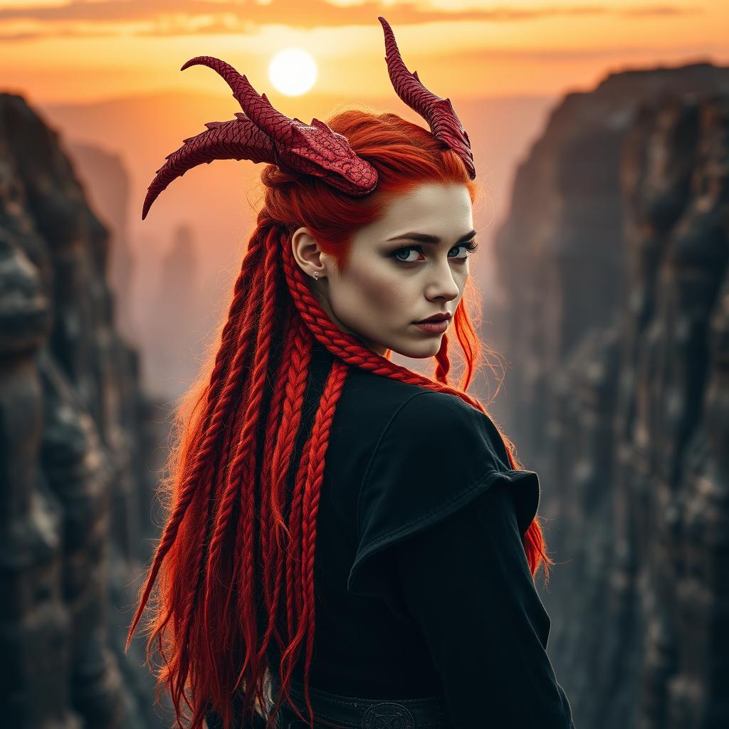 A book cover featuring a medium shot of a woman with vibrant red hair styled in many thin braids, adorned with striking red dragon horns
