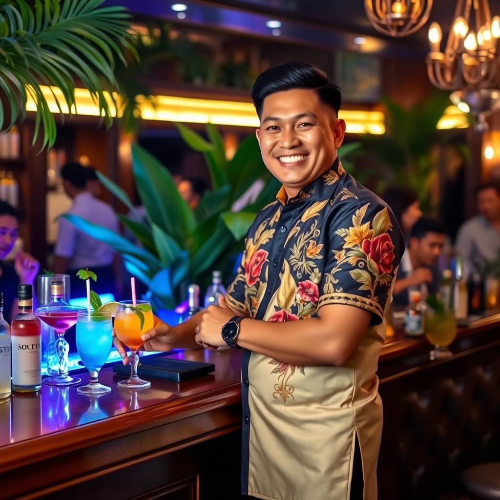 A Filipino bartender wearing a traditional barong Tagalog, a beautifully embroidered formal shirt, standing behind a polished wooden bar