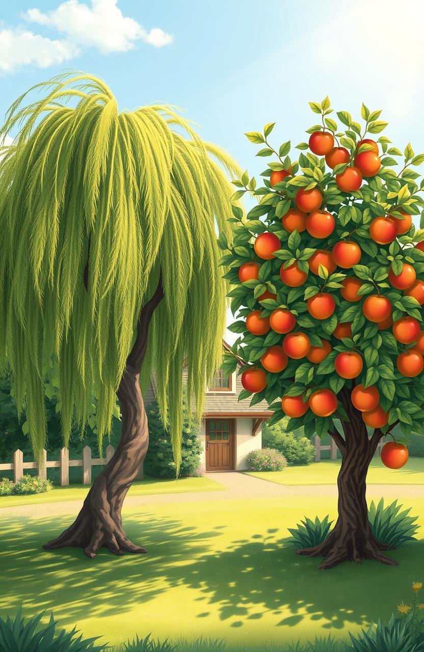 An idyllic garden scene featuring a graceful willow tree and a vibrant apple tree side by side, with their lush foliage and colorful apples