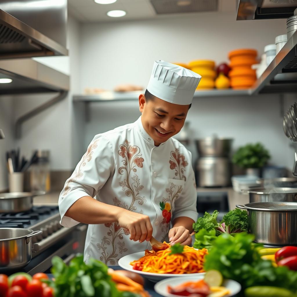 A skilled Filipino chef wearing a traditional barong Tagalog, which is elegantly embroidered