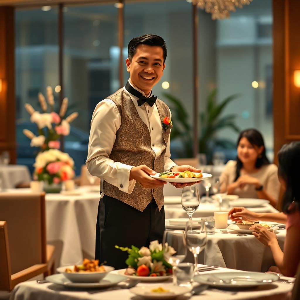 A Filipino waiter dressed in an elegant barong Tagalog, serving food at a beautifully set dining table in a fine restaurant
