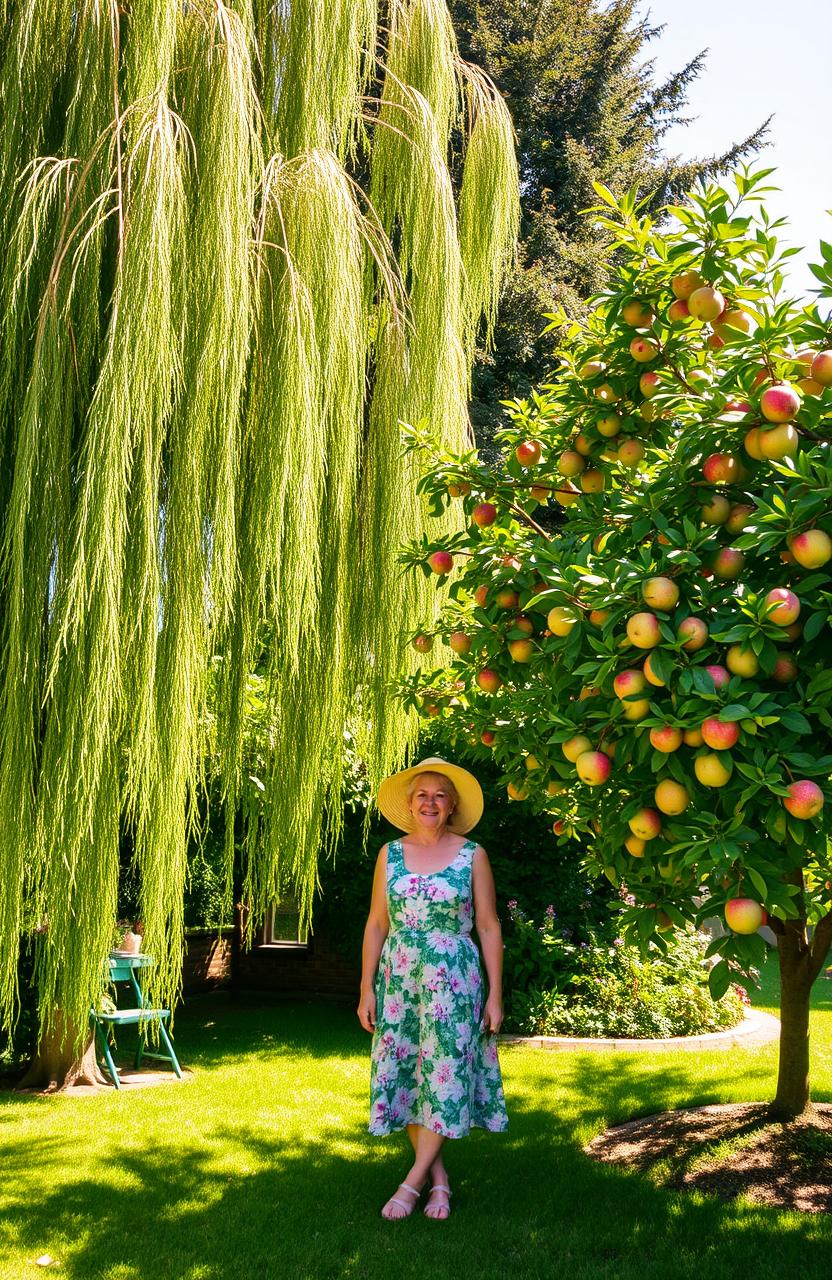 An idyllic garden scene featuring a graceful willow tree and a vibrant apple tree side by side