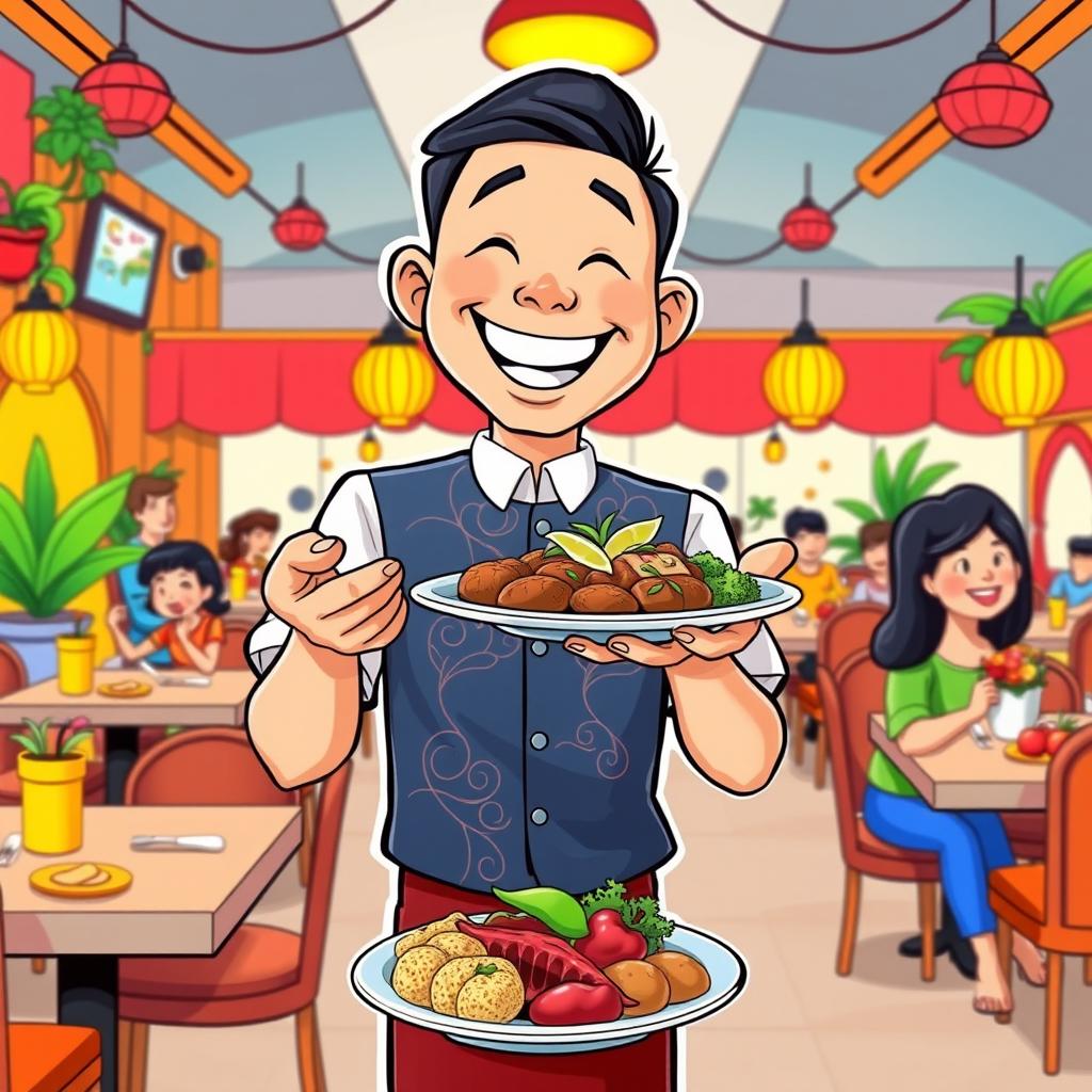 A colorful cartoon illustration of a cheerful Filipino waiter dressed in a traditional barong Tagalog