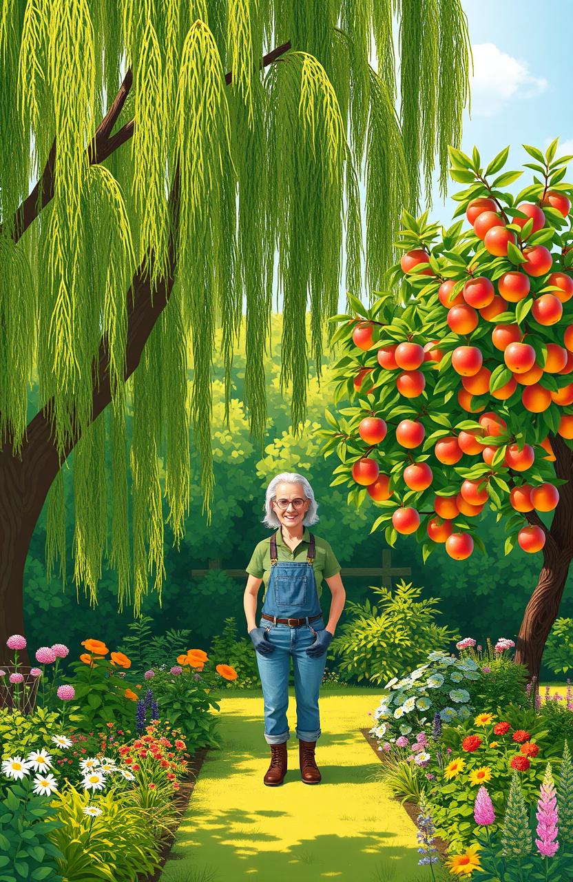 An idyllic garden scene featuring a graceful willow tree with sweeping branches and a vibrant apple tree laden with colorful apples