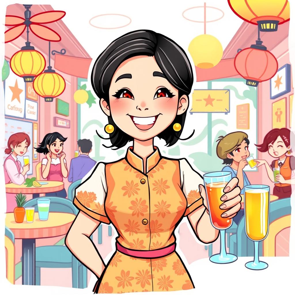 A colorful cartoon illustration of a friendly Filipino waitress dressed in a traditional barong Tagalog, serving drinks at a lively café