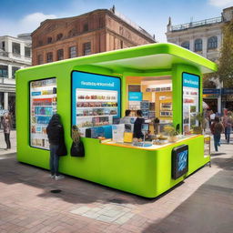 A vibrant mobile services shop situated in a bustling square shaped area, complete with customers and a variety of tech gadgets on display.