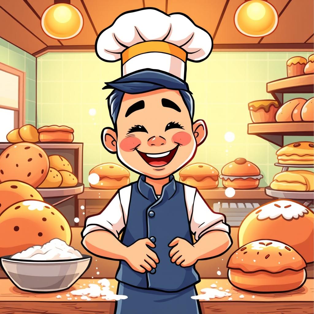A colorful cartoon illustration of a cheerful Filipino baker wearing a traditional barong Tagalog, happily baking in a cozy bakery