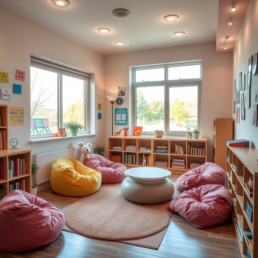 A cozy psycho-pedagogical room inside a school, designed for comfort and learning