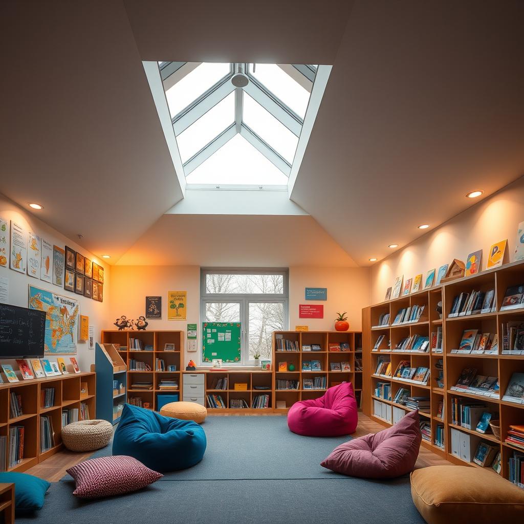 A cozy psycho-pedagogical room inside a school, featuring a high ceiling with a large skylight that lets in plenty of natural light