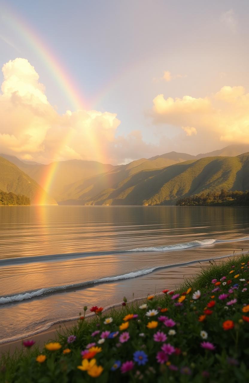 A beautiful landscape titled "Kenangan Diujung Pelangi" showcasing a vibrant rainbow arching over a serene lake surrounded by lush green hills