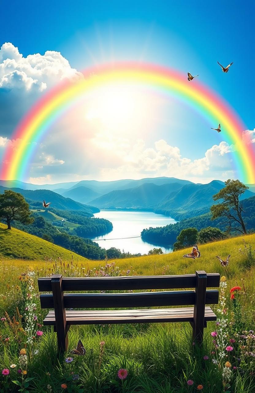 A serene landscape capturing the magical moment at the end of a vibrant rainbow