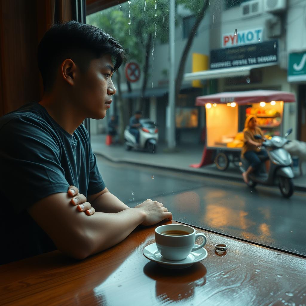 A young Indonesian man, age 22, sitting alone in a cozy café on a rainy evening, staring blankly out the window