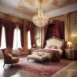 Generate an image of a luxurious and royal interior design for a bedroom, with antique furniture, lavish fabrics, opulent chandeliers and rich color palettes.